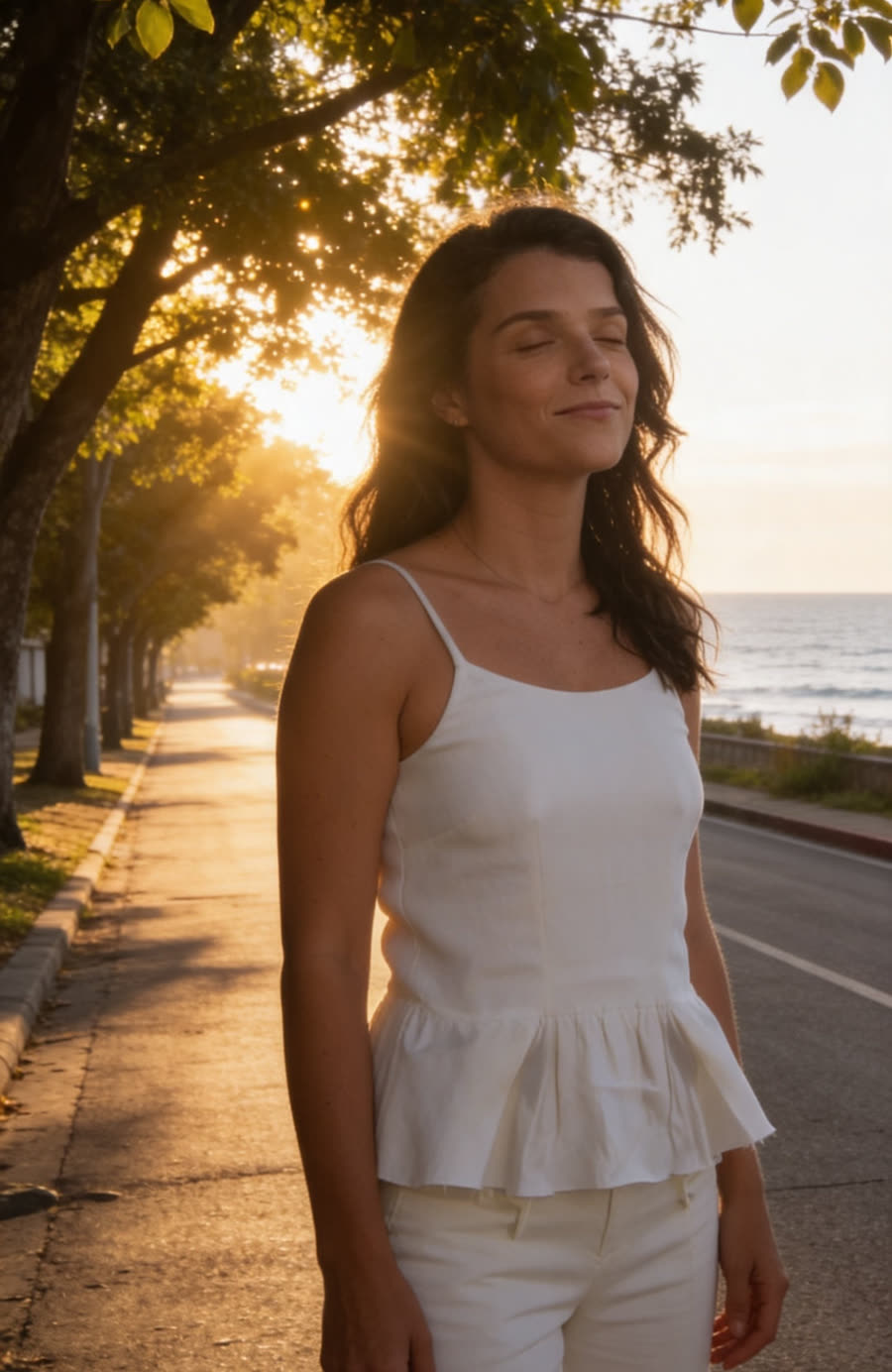 Mulher sorrindo de olhos fechados ao pôr do sol à beira-mar